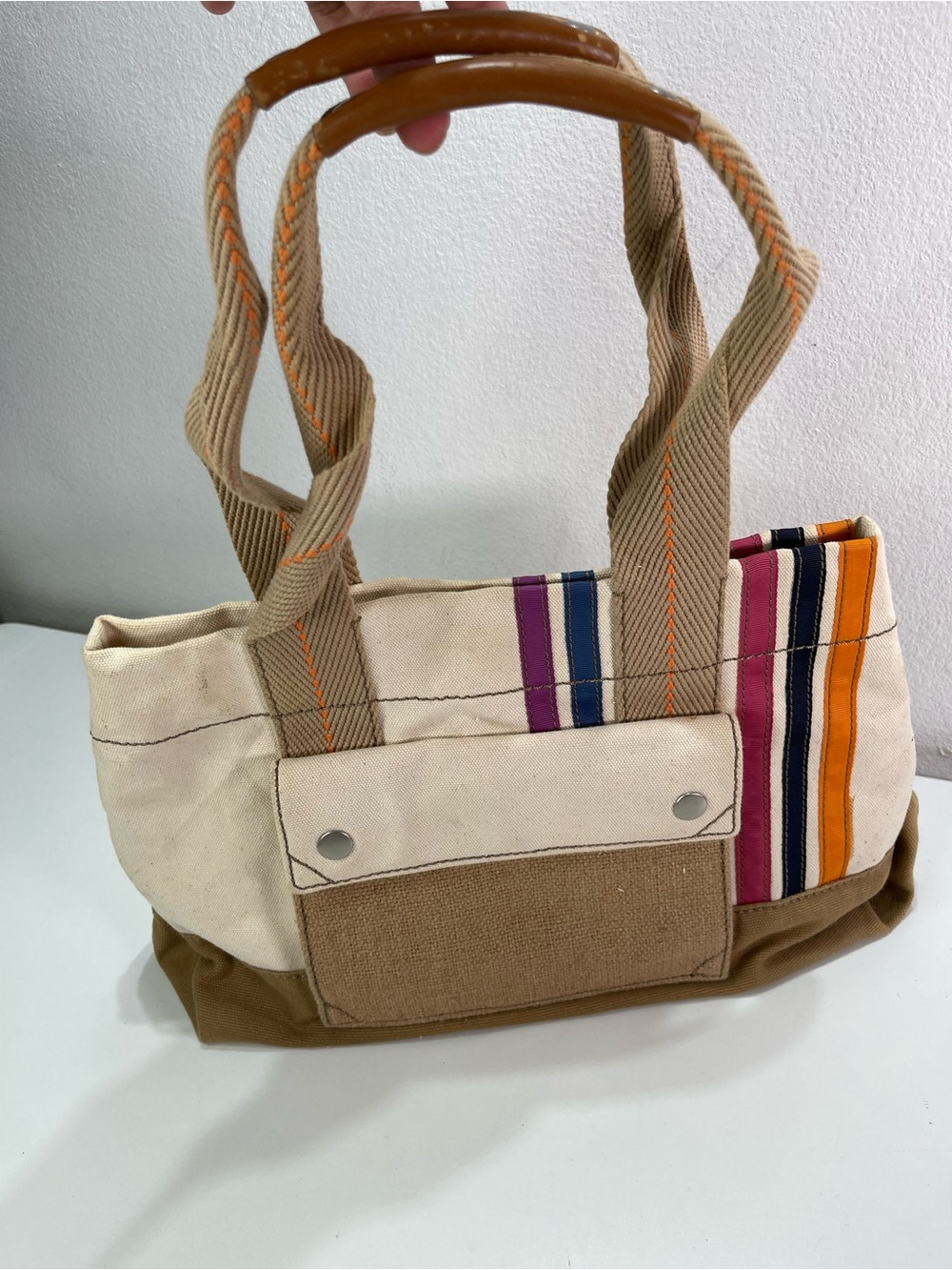 Fossil Vegan Boho Earthy Tan Multi Stripe Canvas Tote Bag Beach Y2K Coastal